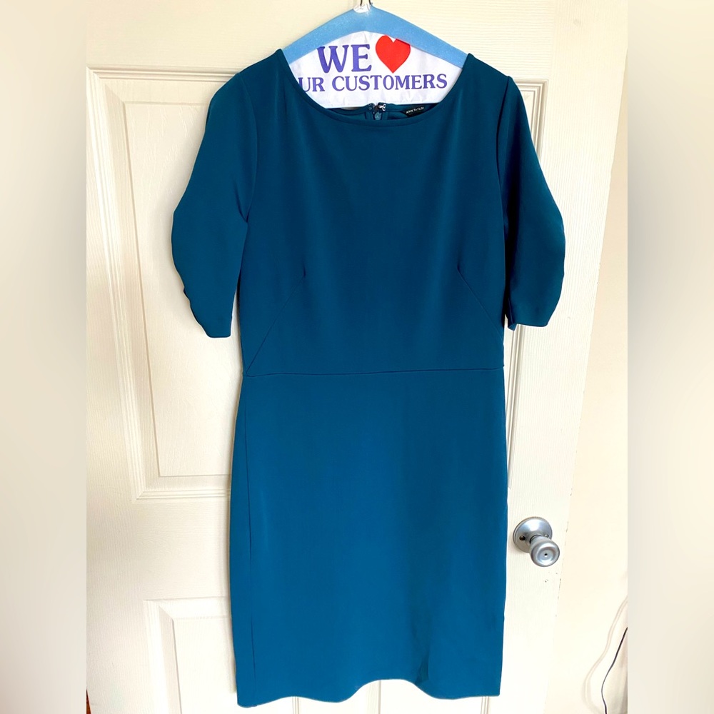 Ann Taylor Dress Blue Gathered Sleeve Size 6